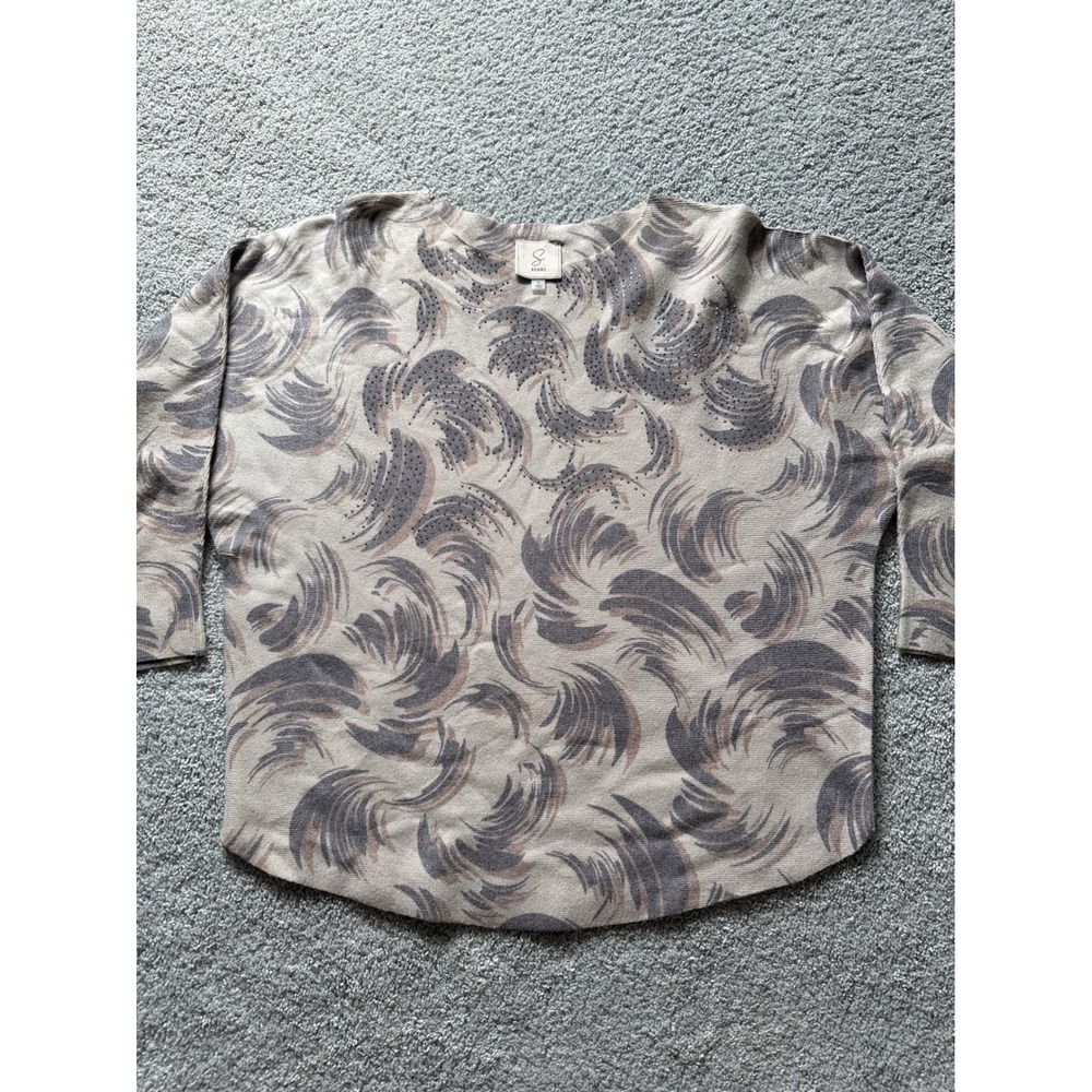 Sioni Womens Large Abstract Swirl Studded Knit Sweater 3/4 Dolman Sleeve Beige